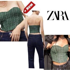 Zara green tweed bustier corset sweetheart neckline crop top Sz M NWT
